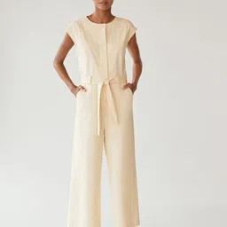 MANGO Women Off-White Solid Basic Jumpsuit with Belt image 1