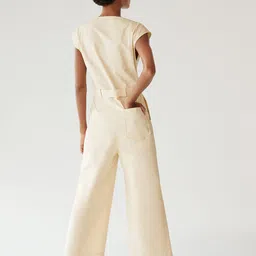 MANGO Women Off-White Solid Basic Jumpsuit with Belt image 3