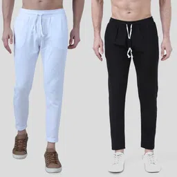 Pack of 2 Men Solid White, Black Track Pants-image-46