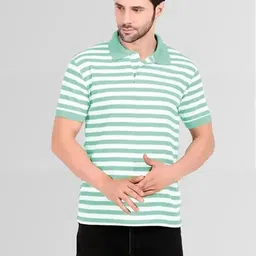 cnw Men Striped Polo Neck Polycotton Green T-Shirt-picture-36