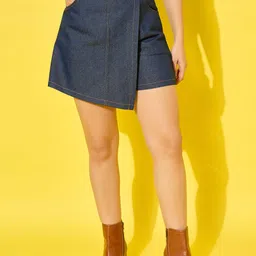 buynewtrend Solid Women Denim Dark Blue Skort image 3