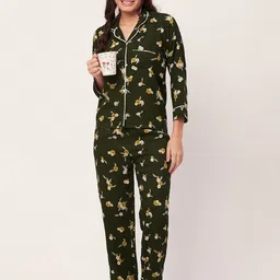 Moomaya Floral Printed Lapel Collar Night Suit image 2