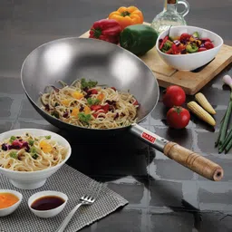 hazel Stainless Steel Chinese Wok Kadhai with Wooden Handle Deep-Fry Pan Wok, 25.5 cm NA Pan 25.5 cm diameter 1.9 L capacity image 2