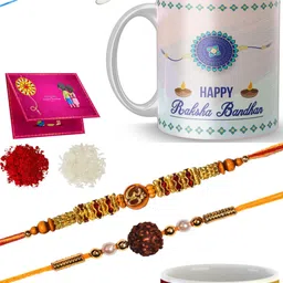newadn Thread MR-RR-M-R35 & RAKHI 1-2-55 Gold Finish Rakhi, Chawal Roli Pack, Greeting Card, Mug Set image 1