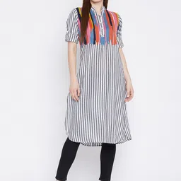 Ruhaans Women Black & White Embroidered Striped Cotton Tunic-picture-13