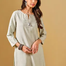 Global Desi Tie-Up Neck Striped Kurta image 1