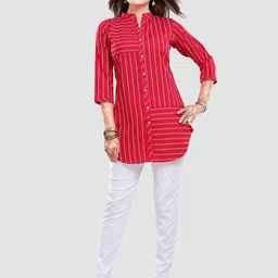 Saree Swarg Pink & White Mandarin Collar Striped Tunic image 2