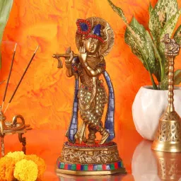 budhshiv Krishna With Peacock Brass Religious Idol image 1