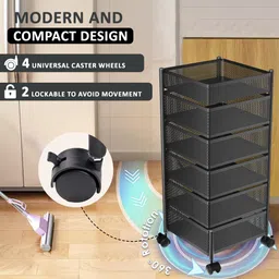 kuber industries 5+1 Layer Kitchen Metal Storage Rack with Wheels | Square Shape - Black Iron Kitchen Trolley image 5