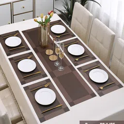 HOKIPO 7 Pieces Textured & Colourblocked Tablemats with Table Runner image 2