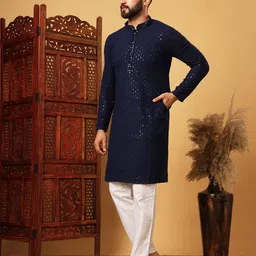 house of pataudi Men Embroidered Viscose Rayon Straight Kurta image 2