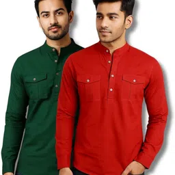 crowntail Pack of 2 Men Solid Pure Cotton Straight Kurta-picture-12