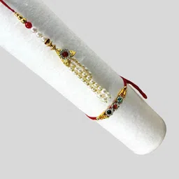 the india style Bhaiya Bhabhi Veera Chamak & Pink Lumba Chuda Rakhi For Bhabhi ( Multicolor) 2 Mauli Thread, Kundan Rakhi, Chawal Roli Pack, Greeting Card Set image 5