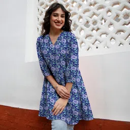 janasya Casual Regular Sleeves Printed, Floral Print Women Blue Top-picture-15