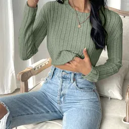 aradhna tex Casual Regular Sleeves Self Design Women Green Top image 2