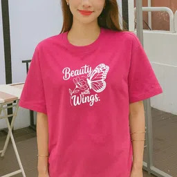 hivewear Women Printed Round Neck Cotton Blend Pink T-Shirt-picture-34