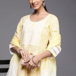 Indo Era Women Yellow Embroidered Thread Work Kurta with Trousers & Dupatta-picture-28