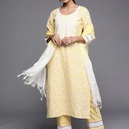 Indo Era Women Yellow Embroidered Thread Work Kurta with Trousers & Dupatta image 5