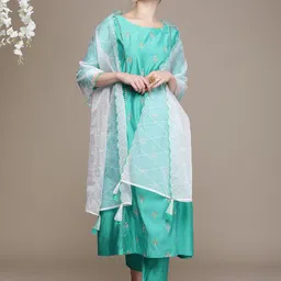 Anouk Women Sea Green Floral Embroidered Regular Sequinned Liva Kurta with Trousers & With Dupatta image 1
