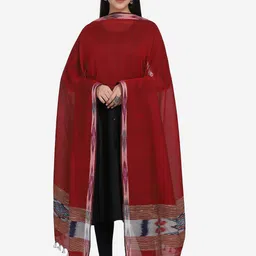 THE WEAVE TRAVELLER Red & Grey Ethnic Motifs Woven Design Pure Cotton Dupatta image 1
