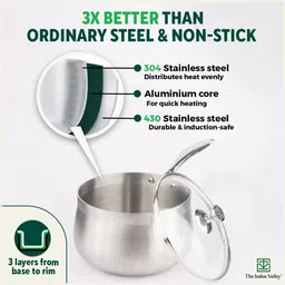 the indus valley Triply Stainless Steel Sauce/Milk Pan with Glass Lid - 8 inch Sauce Pan 20.3 cm diameter with Lid 3.5 L capacity image 2