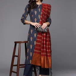 Indo Era Women Navy Blue Ethnic Motifs Printed Kurta with Trousers & With Dupatta image 1