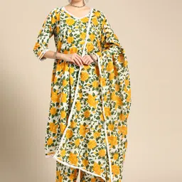 Sangria Women Yellow Floral Printed Lace Inserts Pure Cotton Kurta with Sharara & Dupatta image 5