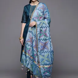 Inddus Women Blue Yoke Design Gotta Patti Chanderi Cotton Kurta with Trousers & With Dupatta image 5