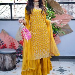 Libas Floral Embroidered Sequinned Zari Kurta with Sharara & Dupatta-picture-16