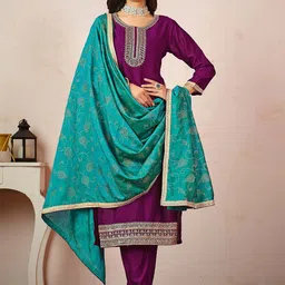 Sangria Magenta Ethnic Motifs Embroidered Straight Kurta & Trouser & Dupatta-picture-39