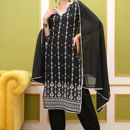 Vishudh V Neck Embroidered Regular Pure Cotton Kurta with Trousers & With Dupatta-picture-23
