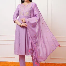 Vishudh Regular Thread Work Pure Cotton Kurta with Trouser & Dupatta-picture-0