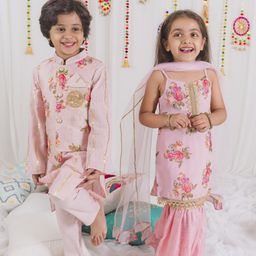 pspeaches Girls Pink Floral Printed Kurti with Sharara & With Dupatta-picture-16