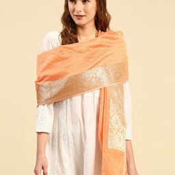 Dupatta Bazaar Peach-Coloured & Gold-Toned Checked Dupatta with Zari-picture-14