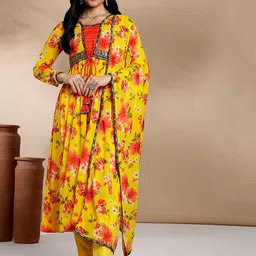 Anouk Yellow Floral Printed Regular Kurta with Trousers & Dupatta image 3