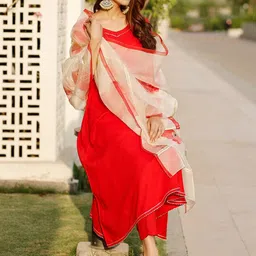 PHEETA Women Red Gotta Patti Kurta with Trousers & With Dupatta-image-9