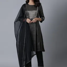 W Women Black Ethnic Motifs Kurta with Trousers & With Dupatta-picture-24