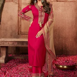 Inddus Women Magenta & Gold  Ethnic Motifs Embroidered Kurta with Trousers & Dupatta image 2