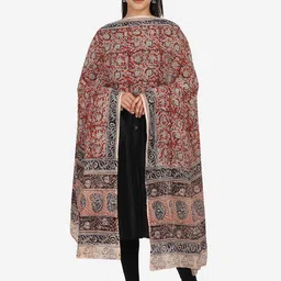 THE WEAVE TRAVELLER Red & Grey Ethnic Motifs Printed Pure Cotton Kalamkari Dupatta image 1