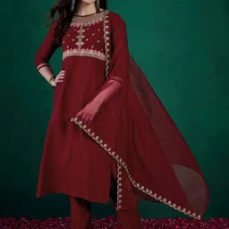 Sangria Sequin Embroidered Round Neck Straight Kurta With Trousers & Dupatta-image-61