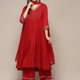 Biba Women Embroidered V Neck Regular Kurta with Palazzos & With Dupatta-picture-10