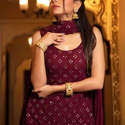 Calmna Women Burgundy Embroidered Straight Kurta with Sharara & With Dupatta image 2