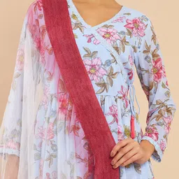 Soch Women Blue Floral Printed Angrakha Kurta with Churidar & Dupatta image 2