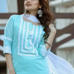 Lavanya The Label Women Blue & White Solid Kurta with Trousers & Dupatta image 4