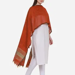 THE WEAVE TRAVELLER Rust & Beige Striped Pure Cotton Dupatta image 3