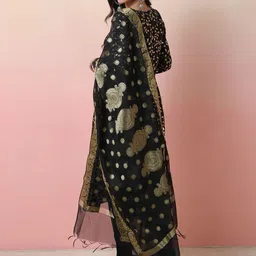 Sangria Black Floral Printed Chanderi Silk Straight Kurta With Trouser & Dupatta image 3