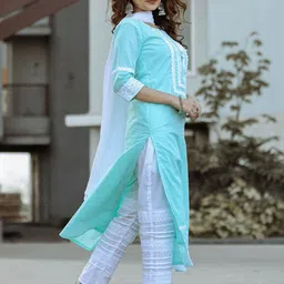 Lavanya The Label Women Blue & White Solid Kurta with Trousers & Dupatta image 2