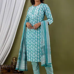FERANOID Floral Printed Pure Cotton Kurta With Trousers & Dupatta image 3
