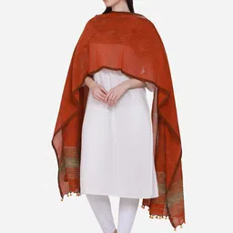 THE WEAVE TRAVELLER Rust & Beige Striped Pure Cotton Dupatta image 4