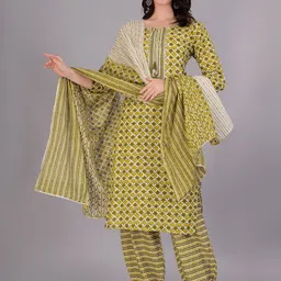 HIGHLIGHT FASHION EXPORT Ethnic Motifs Printed Pure Cotton Kurta & Trousers With Dupatta image 4